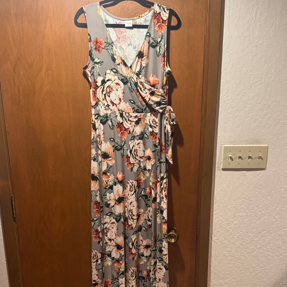 Kaileigh Floral Wrap Maxi Dress - Grayish Taupe and Corals